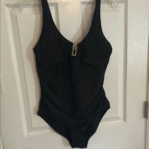 Black One-Piece Swimsuit with Scoop Neckline and Metallic Detail